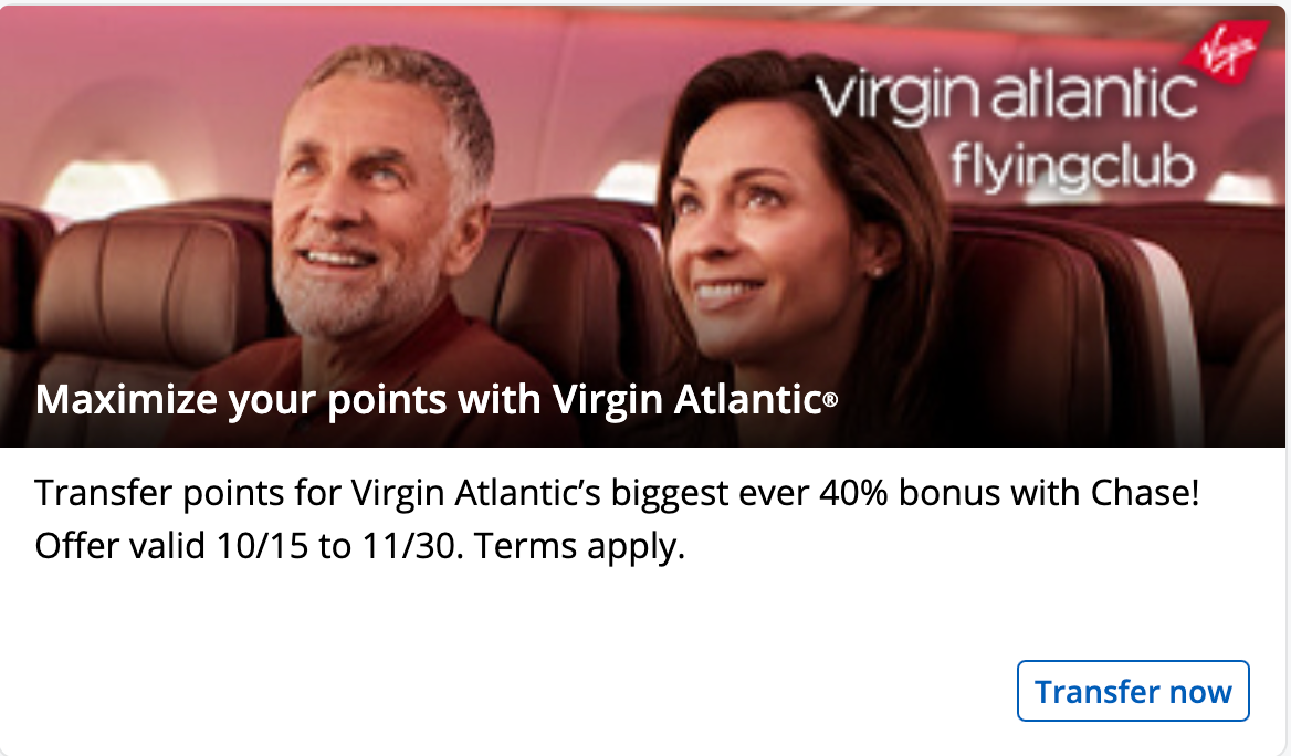 Big bonus to transfer Chase Ultimate Rewards points to Virgin Atlantic